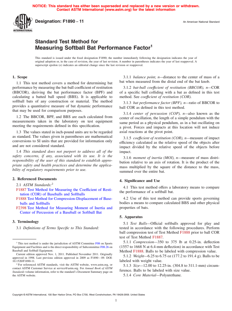 ASTM F1890-11 - Standard Test Method for Measuring Softball Bat Performance Factor