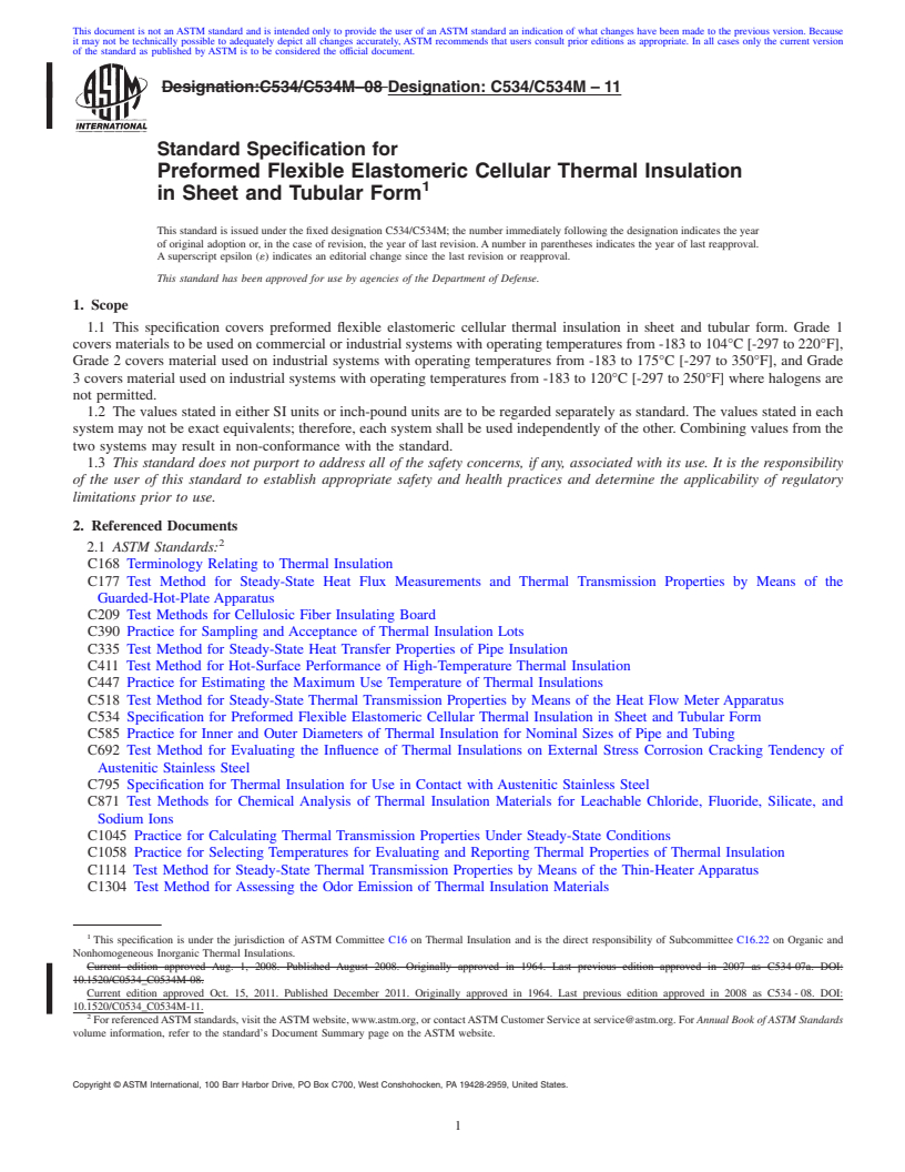 REDLINE ASTM C534/C534M-11 - Standard Specification for Preformed Flexible Elastomeric Cellular Thermal Insulation in Sheet and Tubular Form