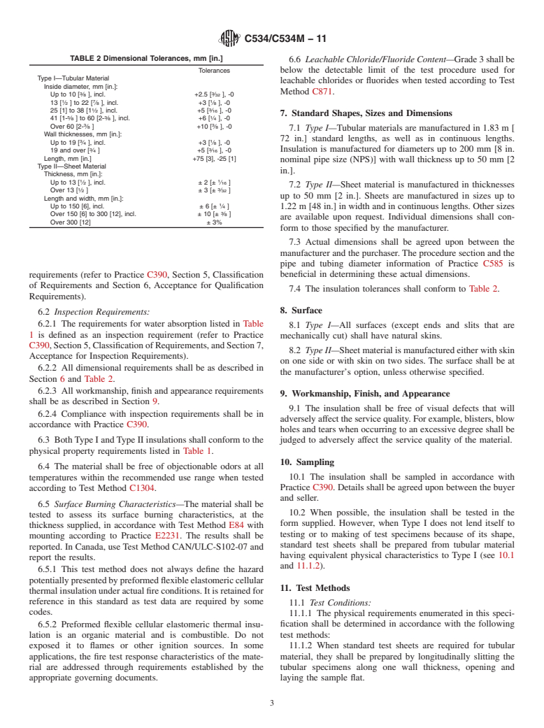 ASTM C534/C534M-11 - Standard Specification for Preformed Flexible Elastomeric Cellular Thermal Insulation in Sheet and Tubular Form