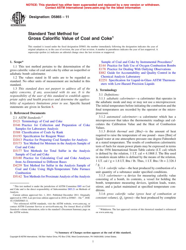 ASTM D5865-11 - Standard Test Method for  Gross Calorific Value of Coal and Coke