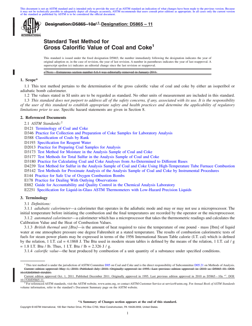 REDLINE ASTM D5865-11 - Standard Test Method for  Gross Calorific Value of Coal and Coke