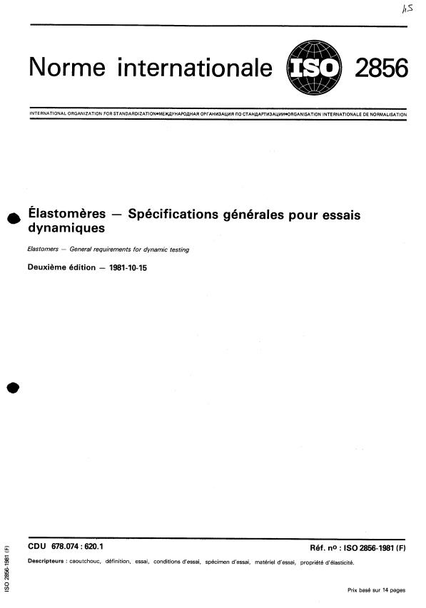 ISO 2856:1981 - Élastomeres -- Spécifications générales pour essais dynamiques
