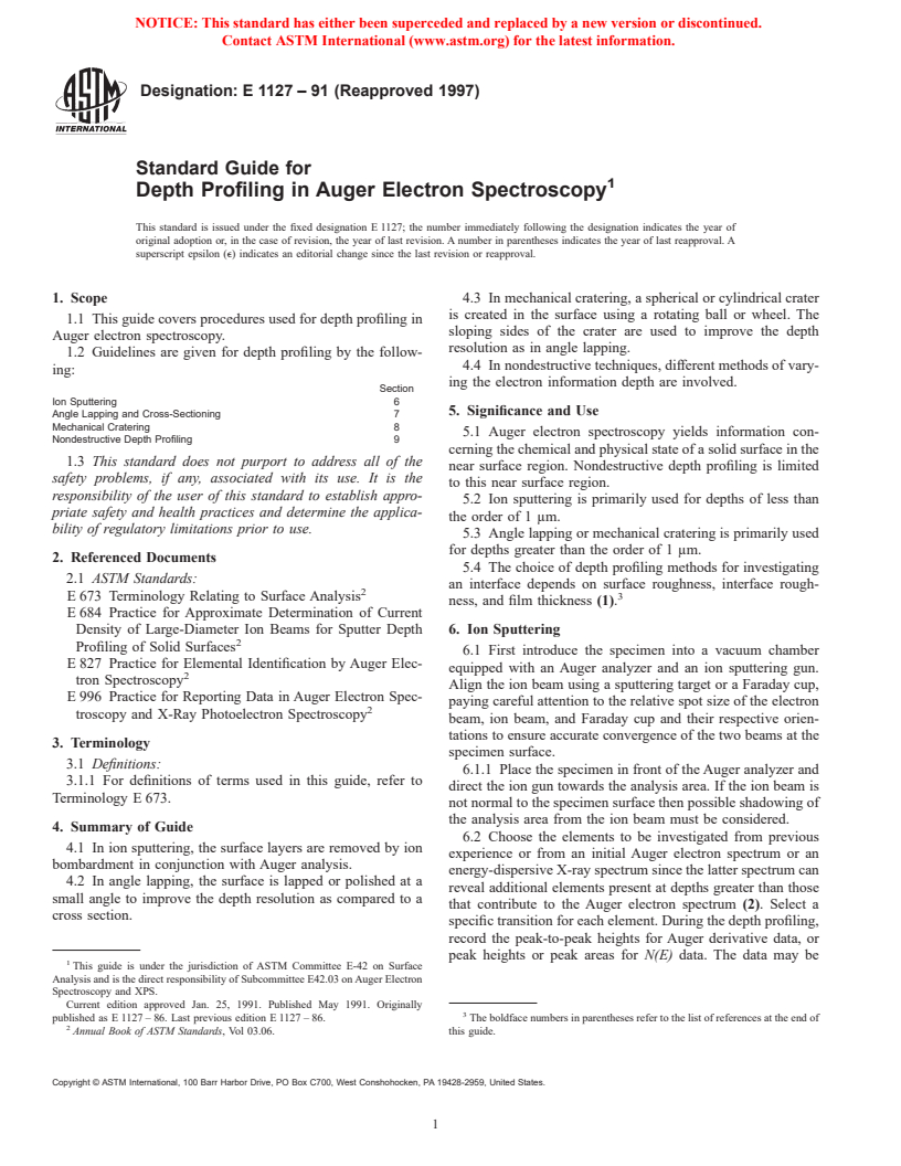 ASTM E1127-91(1997) - Standard Guide for Depth Profiling in Auger Electron Spectroscopy