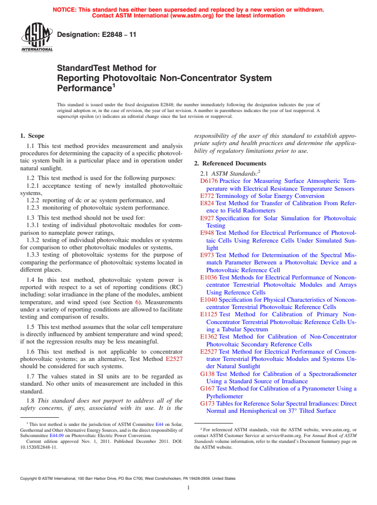 ASTM E2848-11 - Standard Test Method for Reporting Photovoltaic Non-Concentrator System Performance