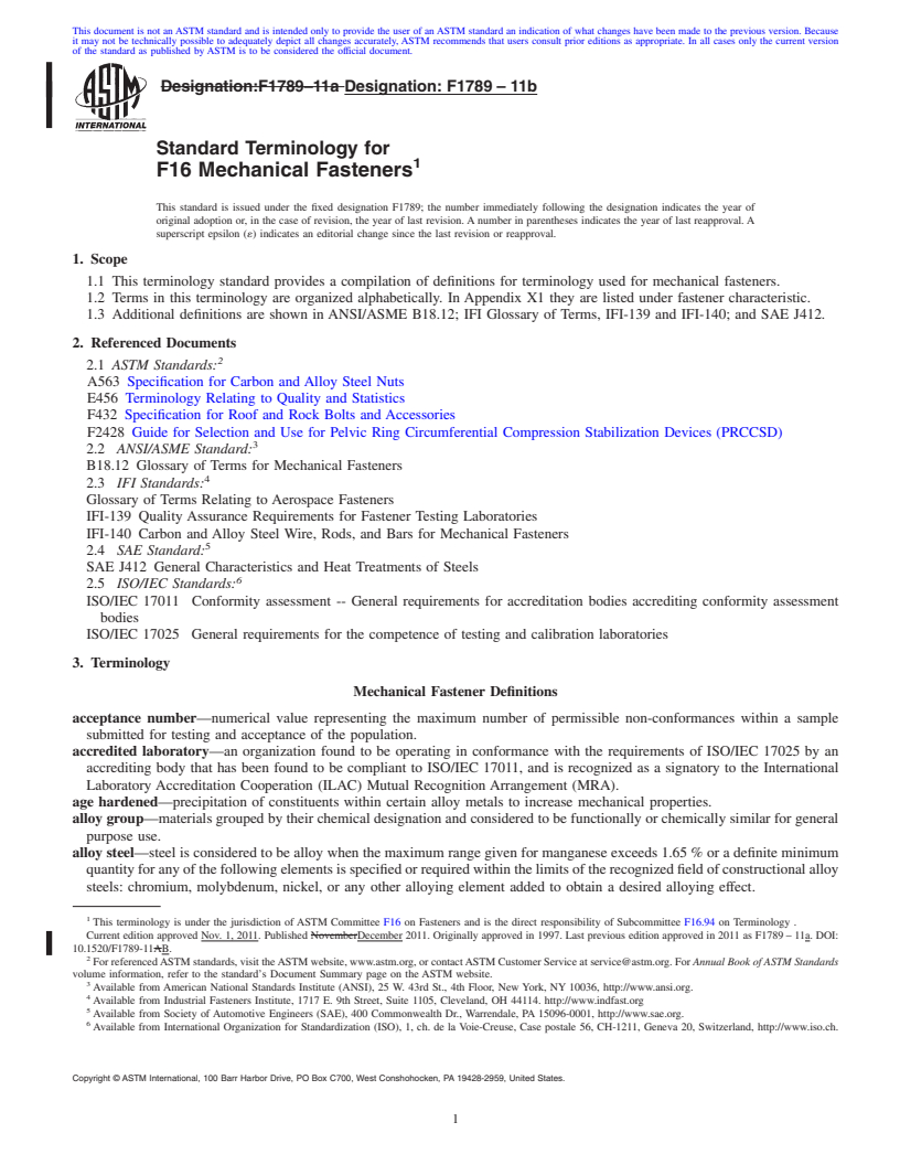 REDLINE ASTM F1789-11b - Standard Terminology for F16 Mechanical Fasteners