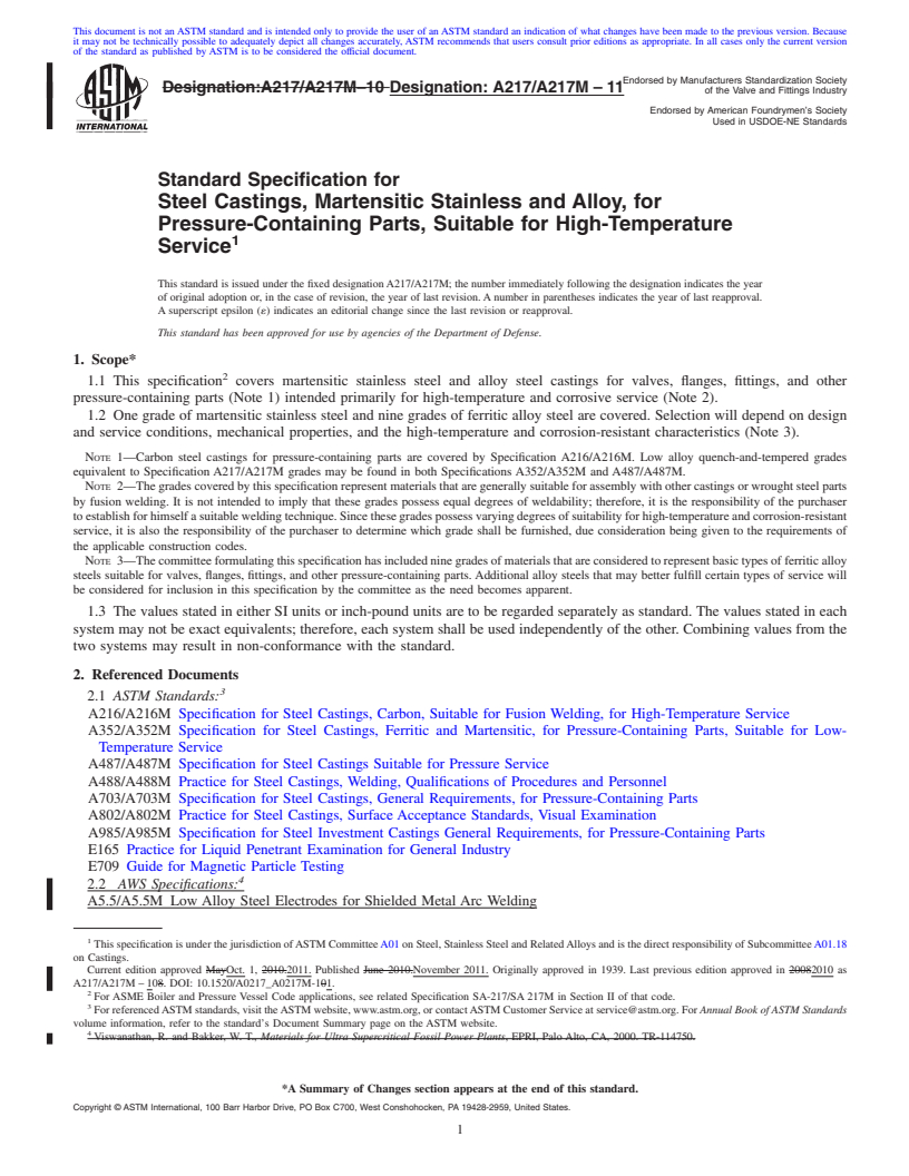 REDLINE ASTM A217/A217M-11 - Standard Specification for  Steel Castings, Martensitic Stainless and Alloy, for Pressure-Containing Parts, Suitable for High-Temperature Service