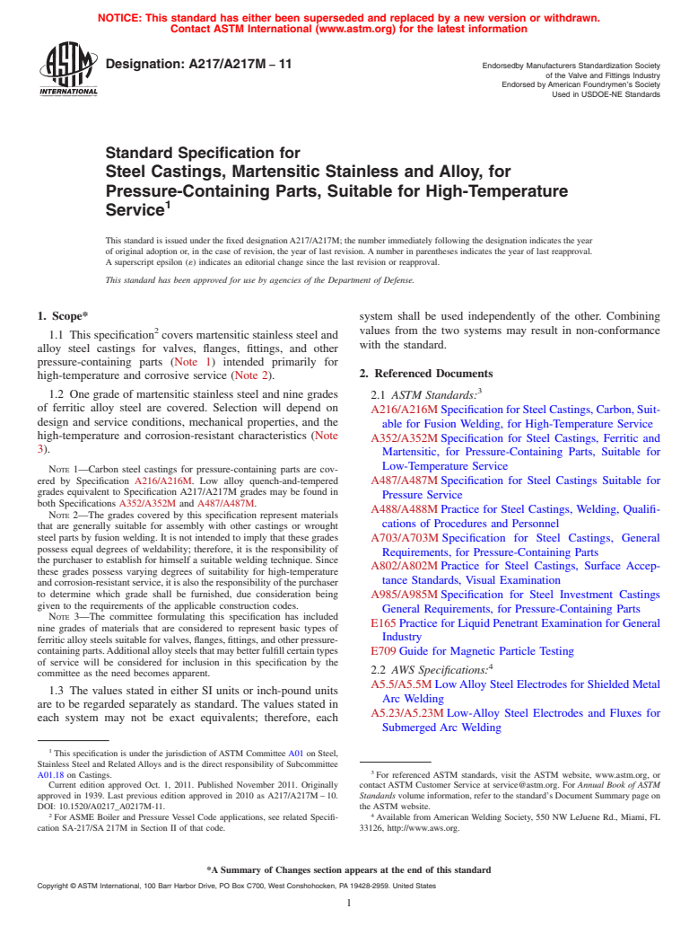 ASTM A217/A217M-11 - Standard Specification for  Steel Castings, Martensitic Stainless and Alloy, for Pressure-Containing Parts, Suitable for High-Temperature Service