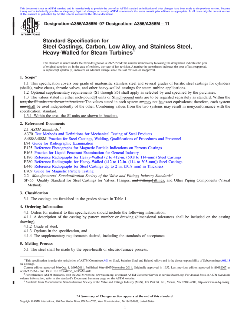 REDLINE ASTM A356/A356M-11 - Standard Specification for Steel Castings, Carbon, Low Alloy, and Stainless Steel, Heavy-Walled for Steam Turbines