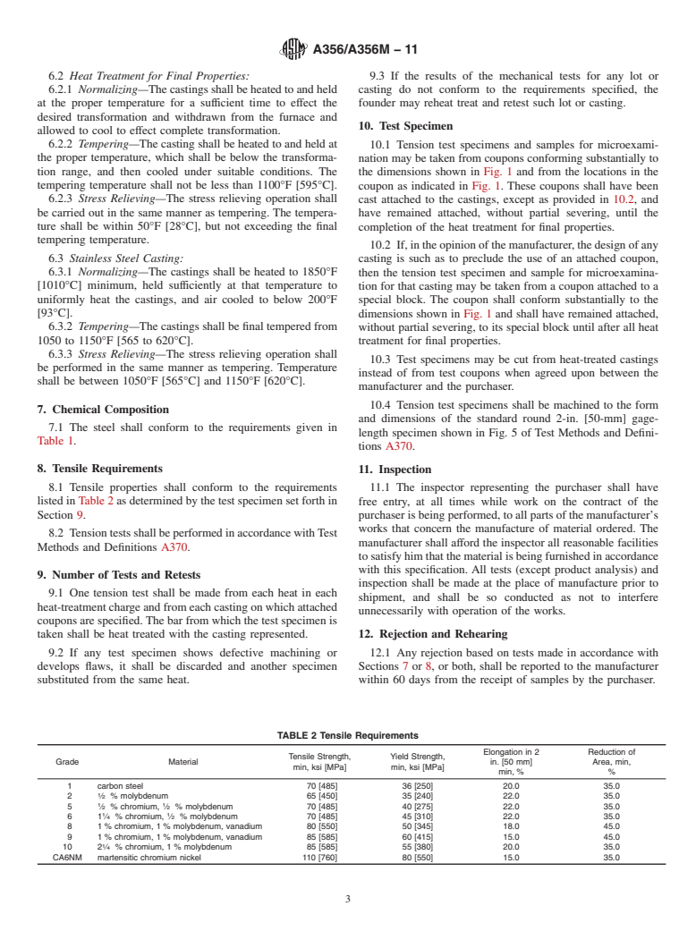 ASTM A356/A356M-11 - Standard Specification for Steel Castings, Carbon, Low Alloy, and Stainless Steel, Heavy-Walled for Steam Turbines