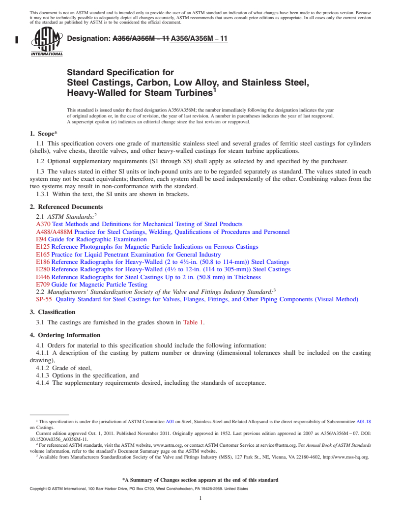 REDLINE ASTM A356/A356M-11 - Standard Specification for Steel Castings, Carbon, Low Alloy, and Stainless Steel, Heavy-Walled for Steam Turbines