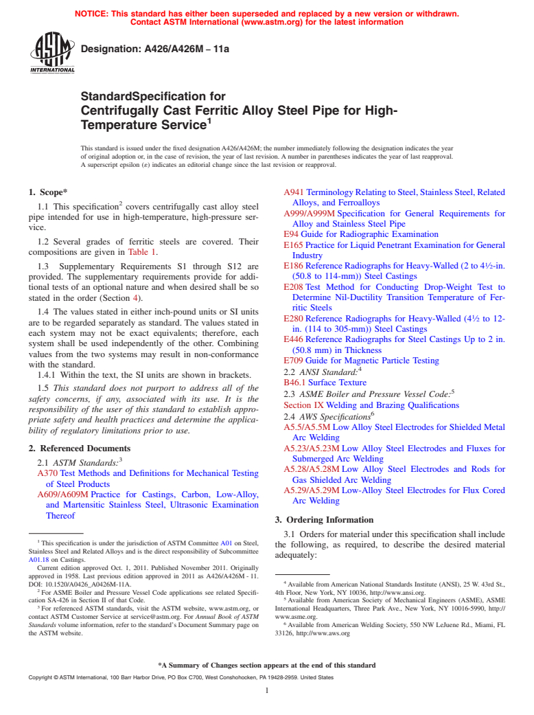 ASTM A426/A426M-11a - Standard Specification for Centrifugally Cast Ferritic Alloy Steel Pipe for High-Temperature Service
