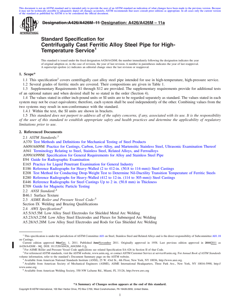 REDLINE ASTM A426/A426M-11a - Standard Specification for Centrifugally Cast Ferritic Alloy Steel Pipe for High-Temperature Service