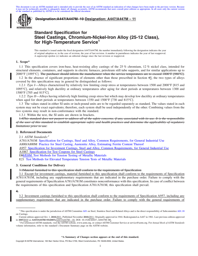 REDLINE ASTM A447/A447M-11 - Standard Specification for  Steel Castings, Chromium-Nickel-Iron Alloy (25-12 Class), for High-Temperature Service