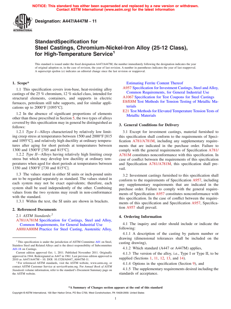 ASTM A447/A447M-11 - Standard Specification for  Steel Castings, Chromium-Nickel-Iron Alloy (25-12 Class), for High-Temperature Service