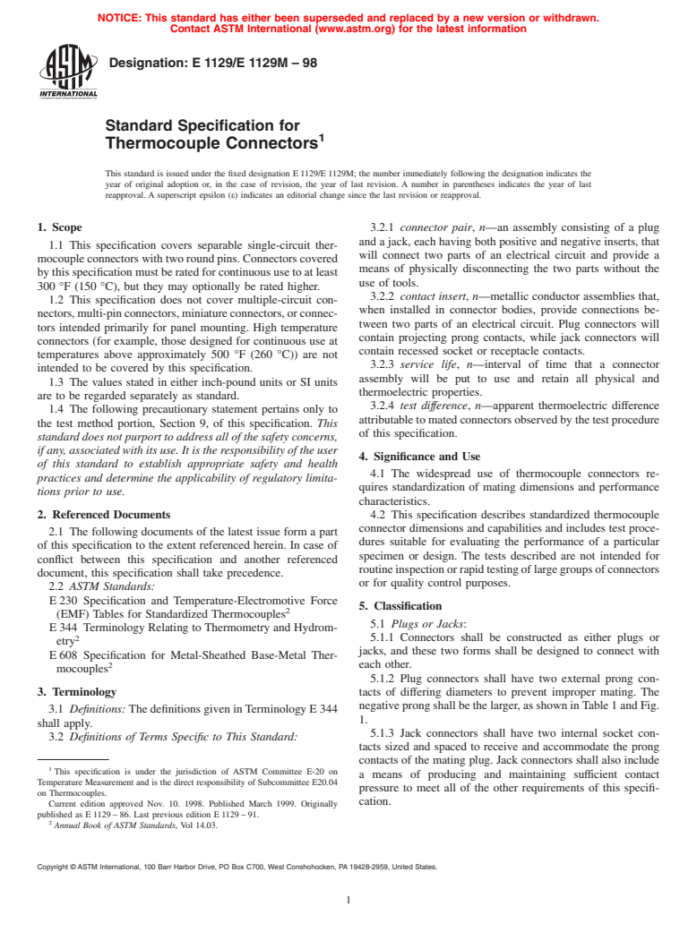 ASTM E1129/E1129M-98 - Standard Specification for Thermocouple Connectors