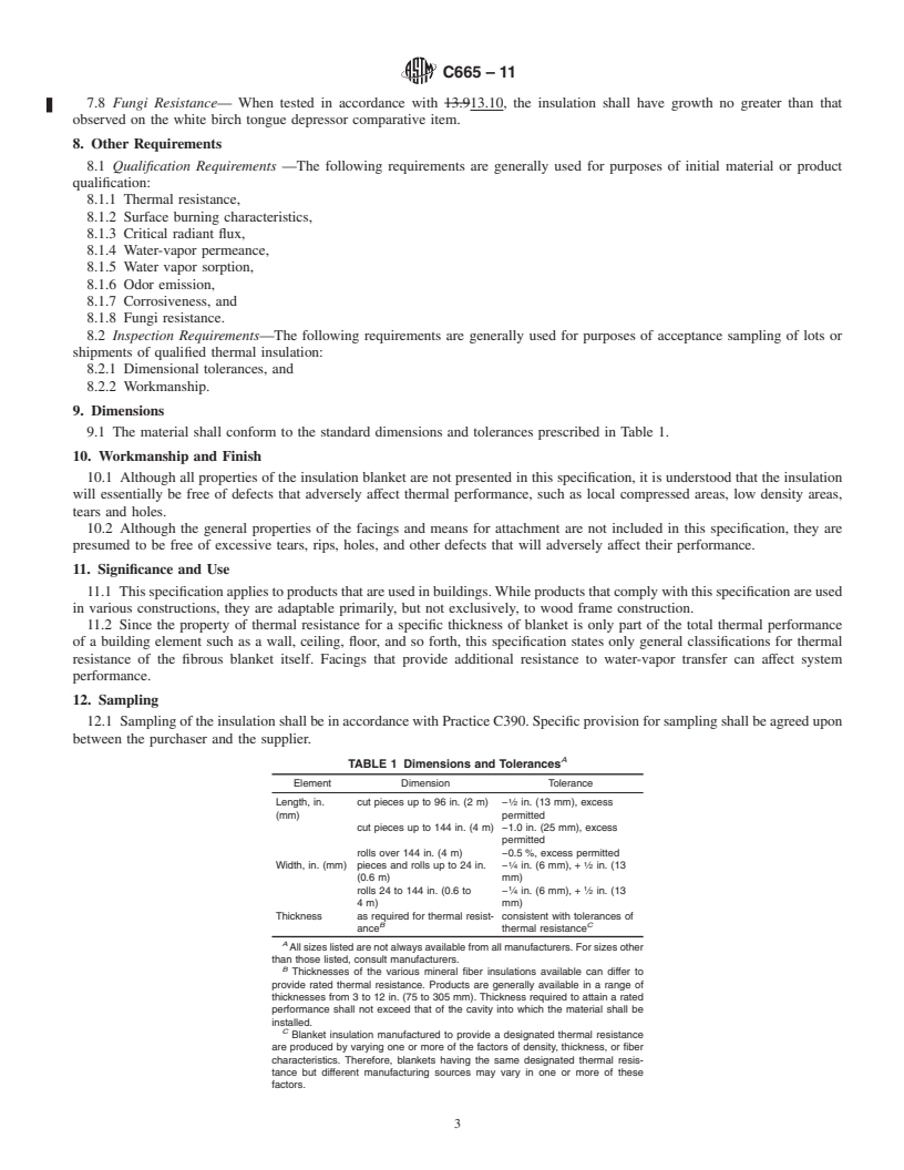 REDLINE ASTM C665-11 - Standard Specification for  Mineral-Fiber Blanket Thermal Insulation for Light Frame Construction and Manufactured Housing