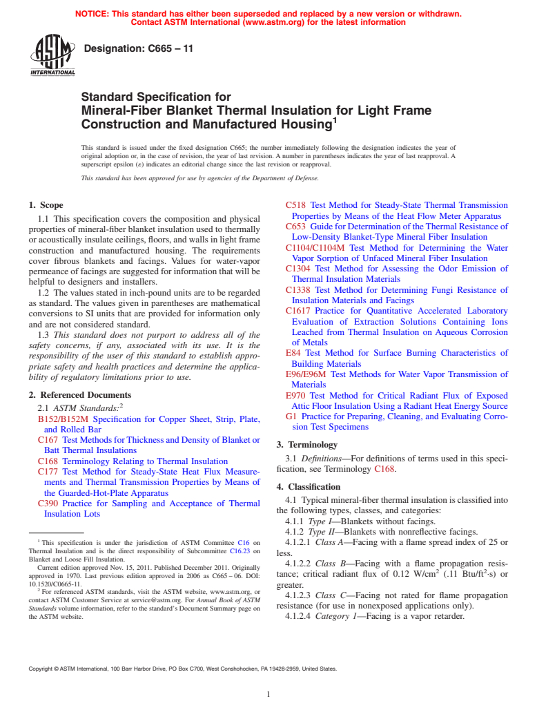 ASTM C665-11 - Standard Specification for  Mineral-Fiber Blanket Thermal Insulation for Light Frame Construction and Manufactured Housing