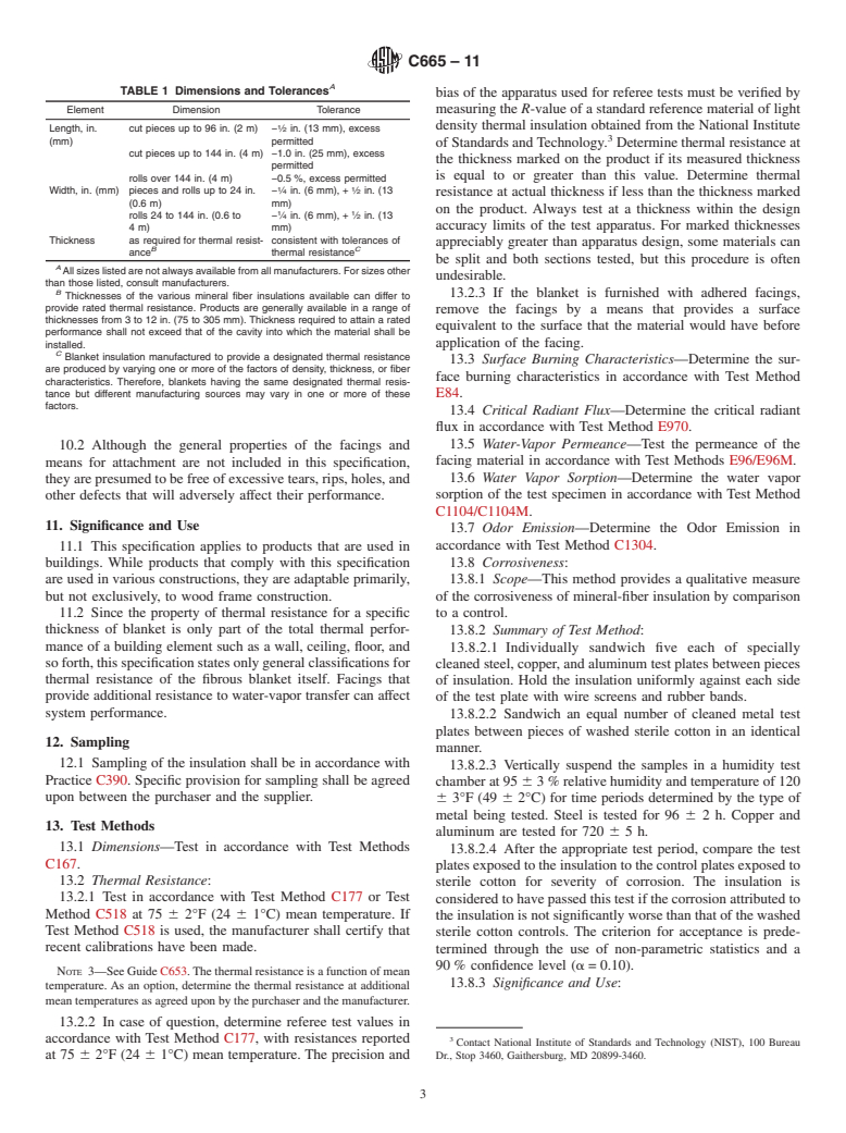 ASTM C665-11 - Standard Specification for  Mineral-Fiber Blanket Thermal Insulation for Light Frame Construction and Manufactured Housing