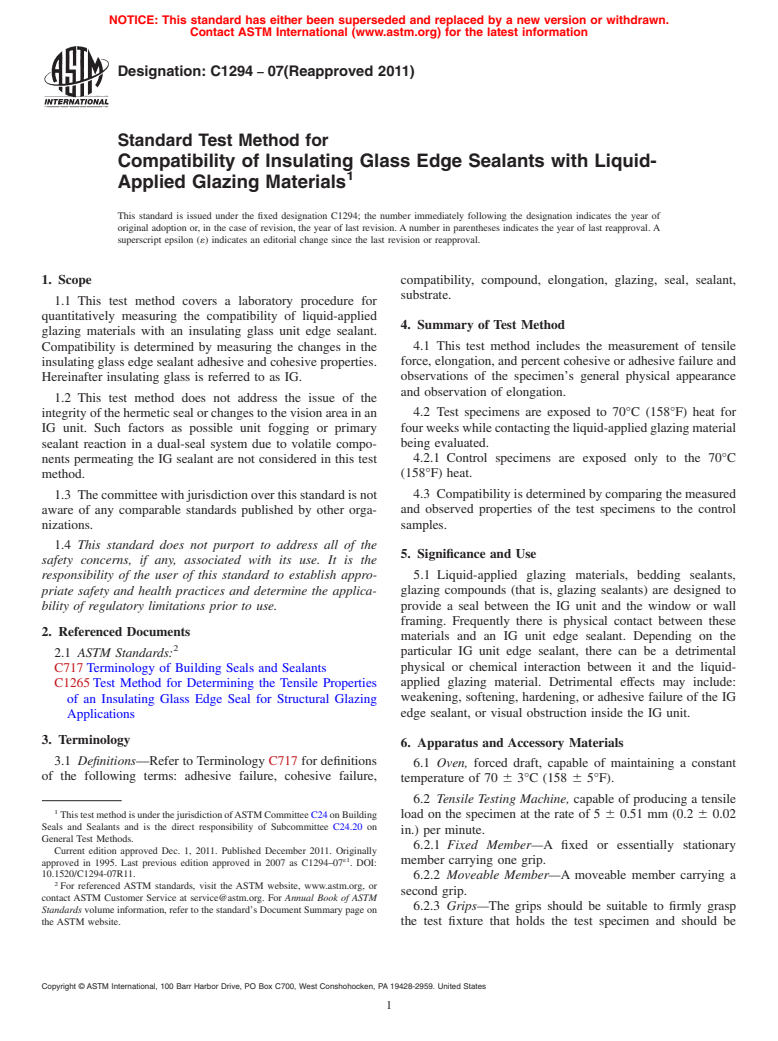 ASTM C1294-07(2011) - Standard Test Method for  Compatibility of Insulating Glass Edge Sealants with Liquid-Applied Glazing Materials