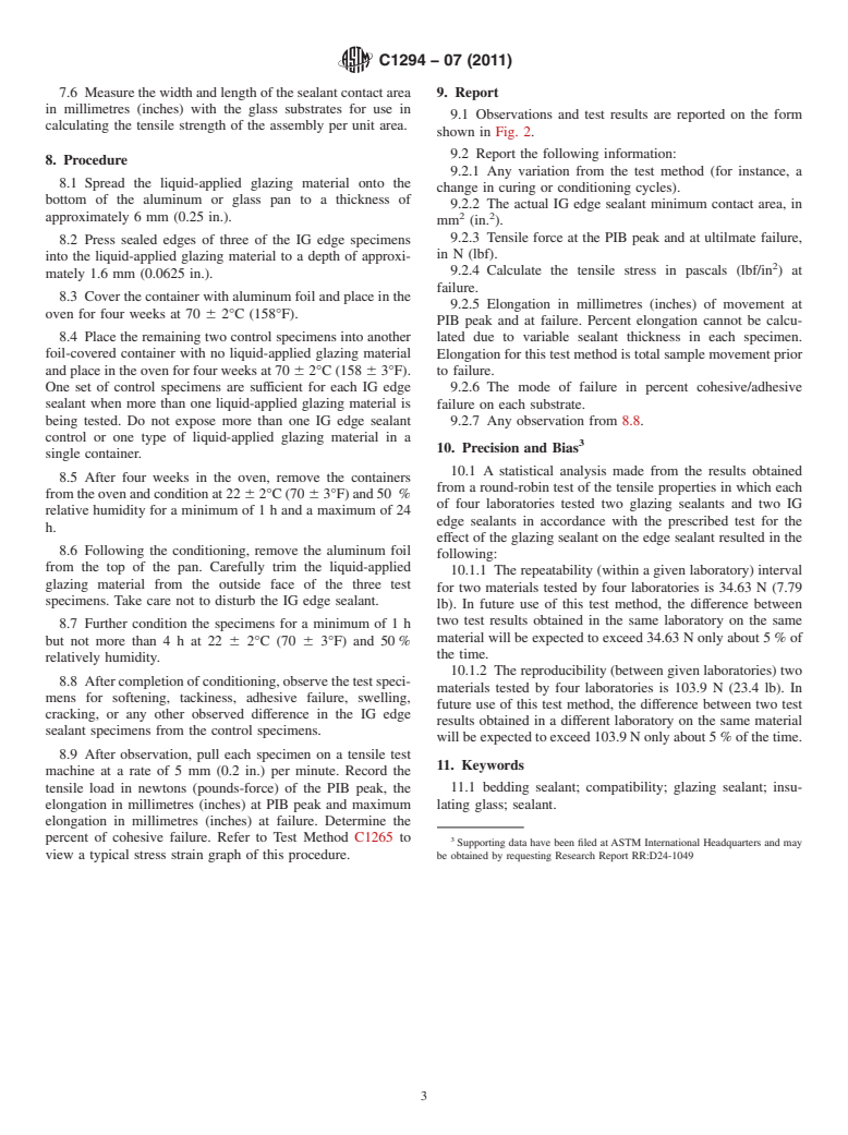 ASTM C1294-07(2011) - Standard Test Method for  Compatibility of Insulating Glass Edge Sealants with Liquid-Applied Glazing Materials