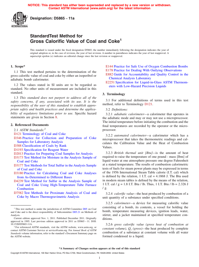 ASTM D5865-11a - Standard Test Method for  Gross Calorific Value of Coal and Coke