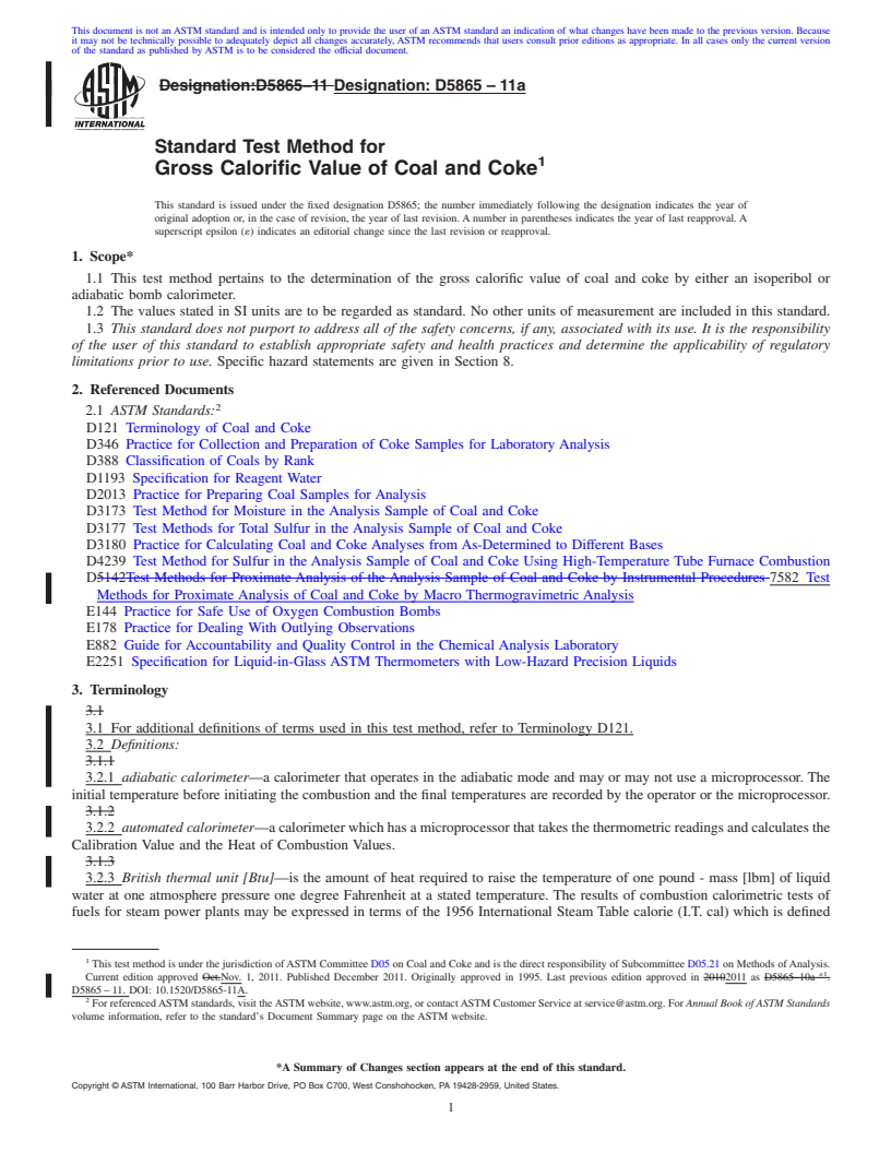 REDLINE ASTM D5865-11a - Standard Test Method for  Gross Calorific Value of Coal and Coke