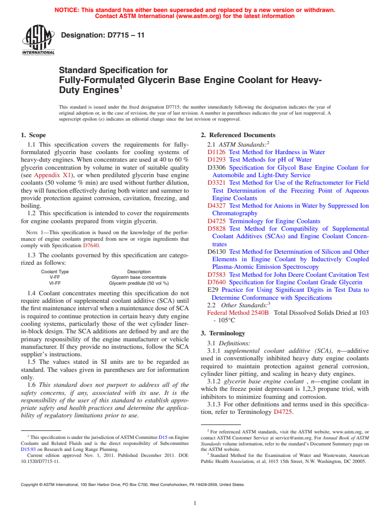 ASTM D7715-11 - Standard Specification for Fully-Formulated Glycerin Base Engine Coolant for Heavy-Duty Engines