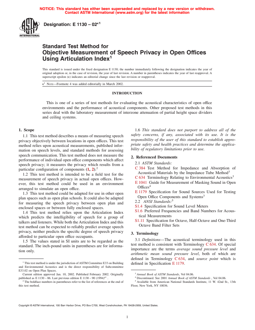 ASTM E1130-02e1 - Standard Test Method for Objective Measurement of Speech Privacy in Open Offices Using Articulation Index