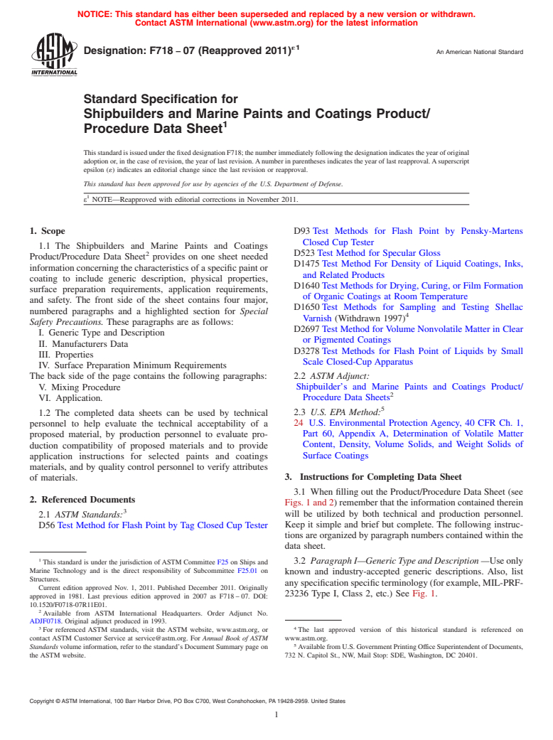 ASTM F718-07(2011)e1 - Standard Specification for Shipbuilders and Marine Paints and Coatings Product/Procedure Data Sheet