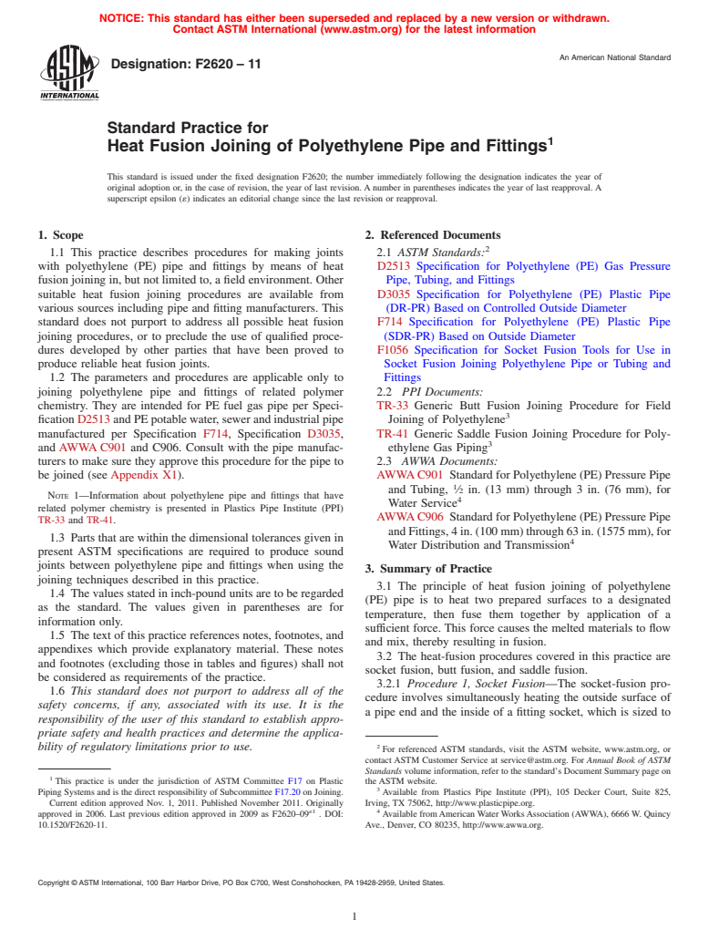 ASTM F2620-11 - Standard Practice for Heat Fusion Joining of Polyethylene Pipe and Fittings