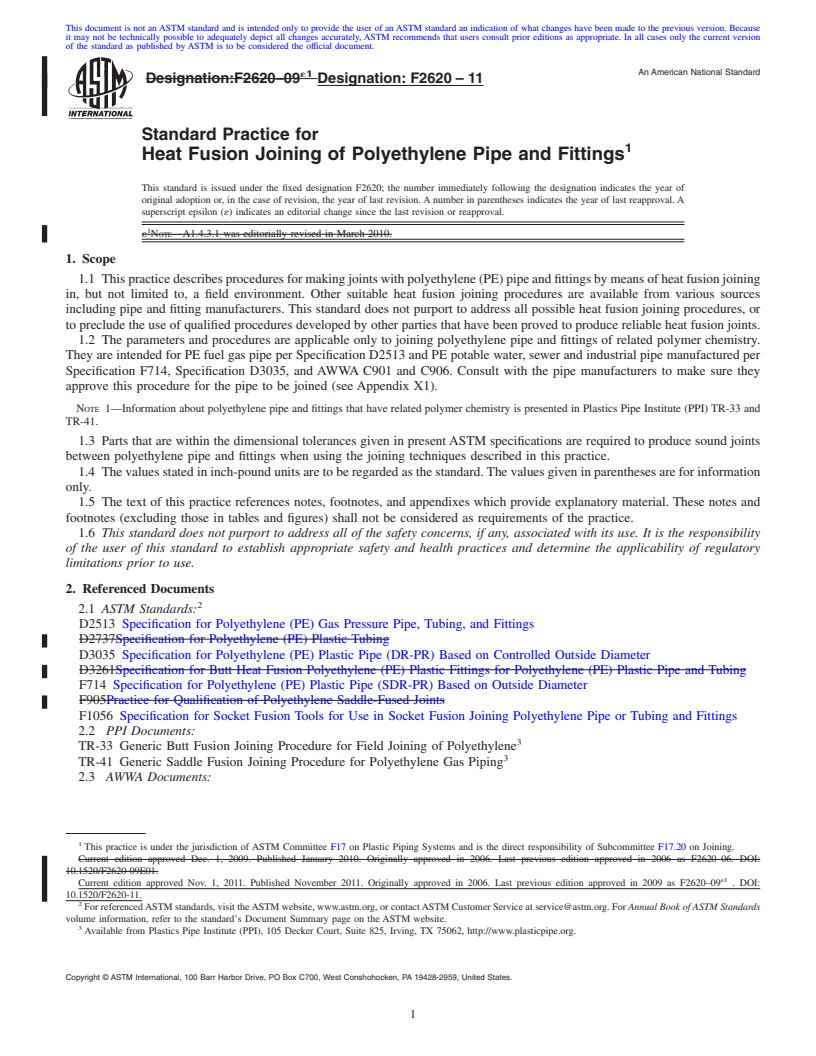 REDLINE ASTM F2620-11 - Standard Practice for Heat Fusion Joining of Polyethylene Pipe and Fittings