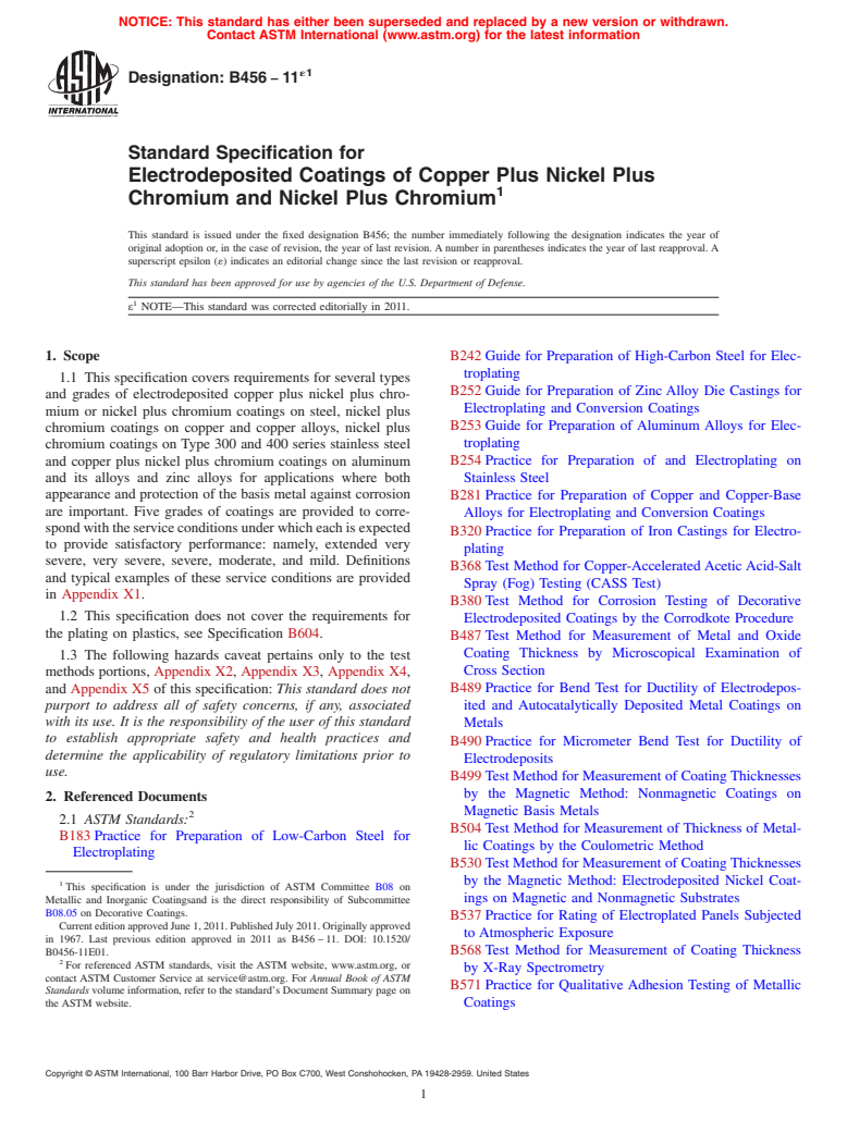 ASTM B456-11e1 - Standard Specification for  Electrodeposited Coatings of Copper Plus Nickel Plus<br>  Chromium and Nickel Plus Chromium