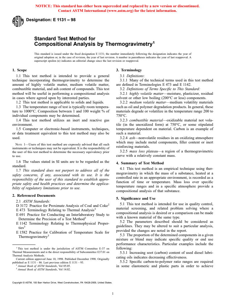 ASTM E1131-98 - Standard Test Method for Compositional Analysis by Thermogravimetry