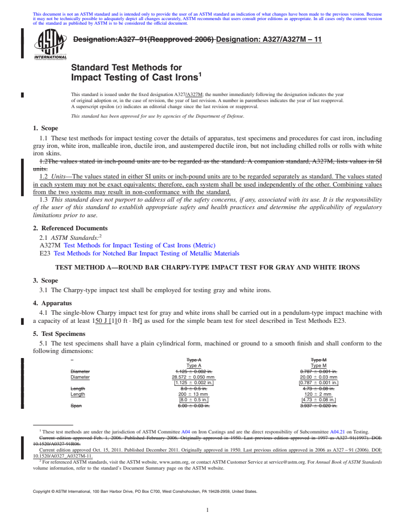 REDLINE ASTM A327/A327M-11 - Standard Test Methods for  Impact Testing of Cast Irons