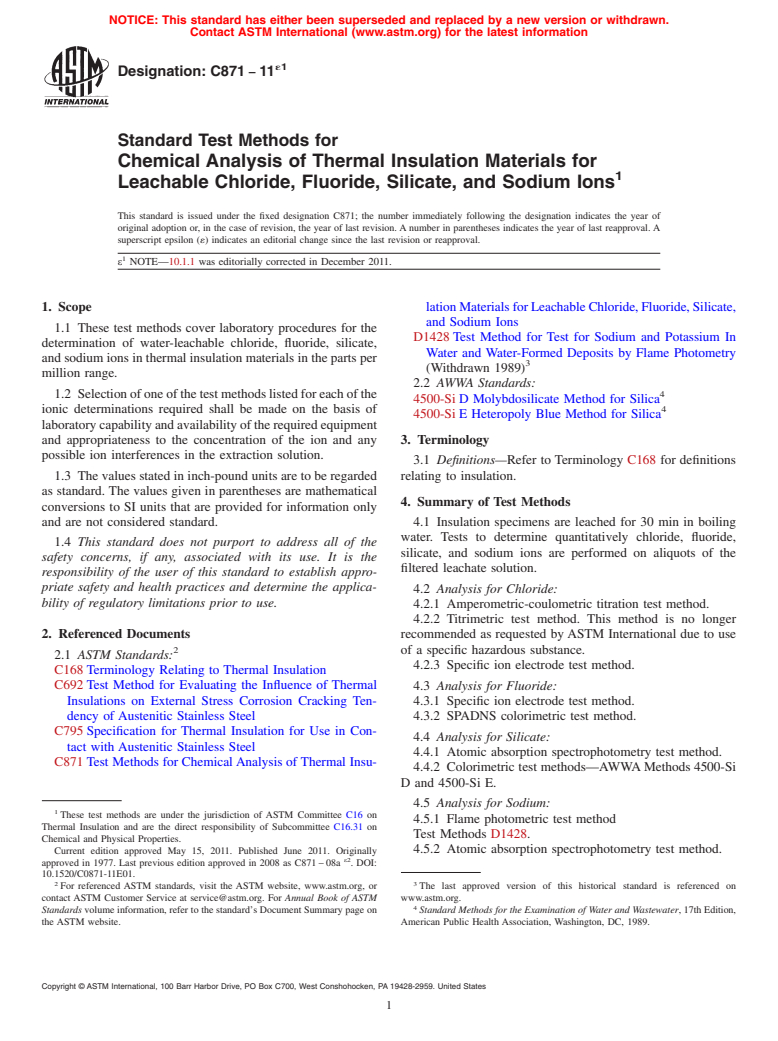 ASTM C871-11e1 - Standard Test Methods for  Chemical Analysis of Thermal Insulation Materials for Leachable Chloride, Fluoride, Silicate, and Sodium Ions