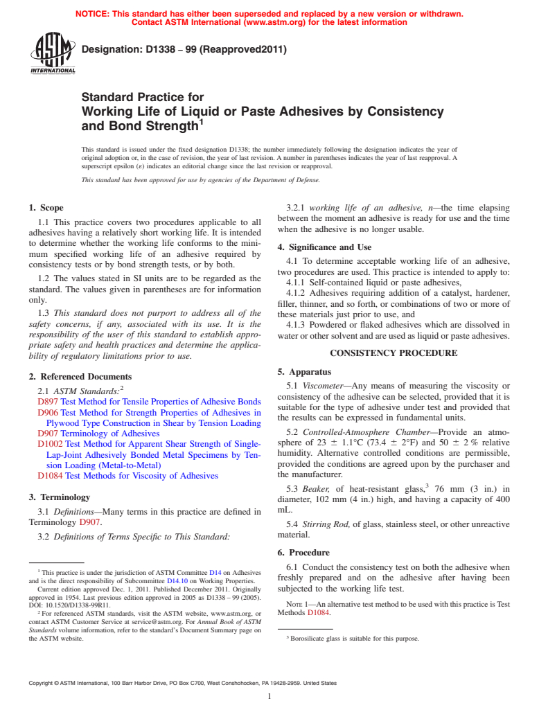 ASTM D1338-99(2011) - Standard Practice for Working Life of Liquid or Paste Adhesives by Consistency and Bond Strength