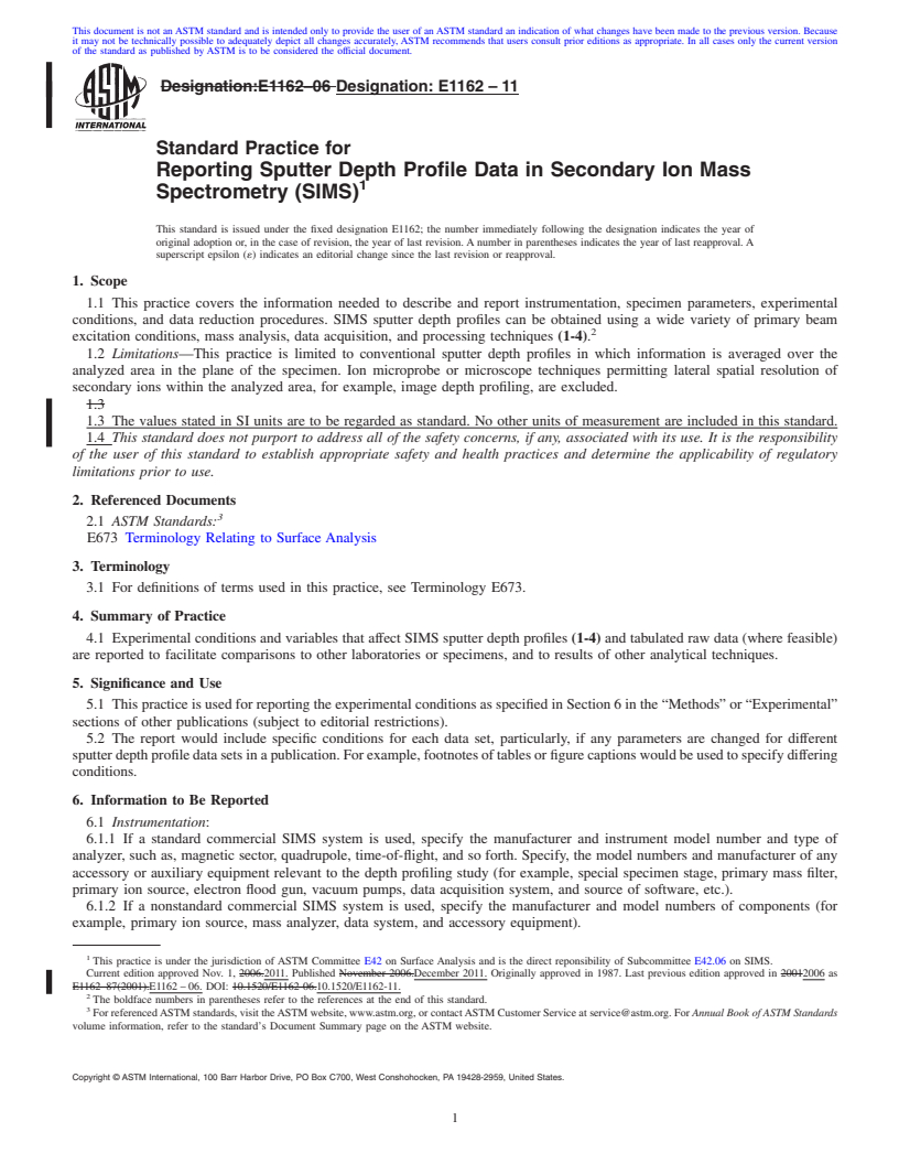 REDLINE ASTM E1162-11 - Standard Practice for Reporting Sputter Depth Profile Data in Secondary Ion Mass Spectrometry (SIMS)