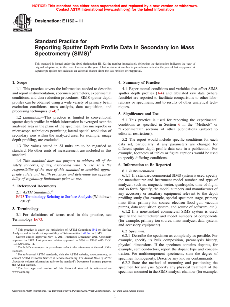 ASTM E1162-11 - Standard Practice for Reporting Sputter Depth Profile Data in Secondary Ion Mass Spectrometry (SIMS)