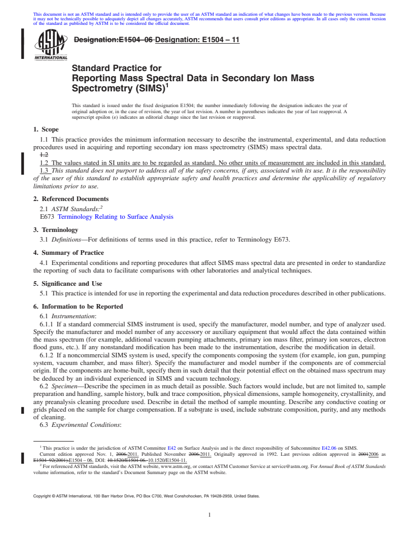 REDLINE ASTM E1504-11 - Standard Practice for Reporting Mass Spectral Data in Secondary Ion Mass Spectrometry (SIMS)