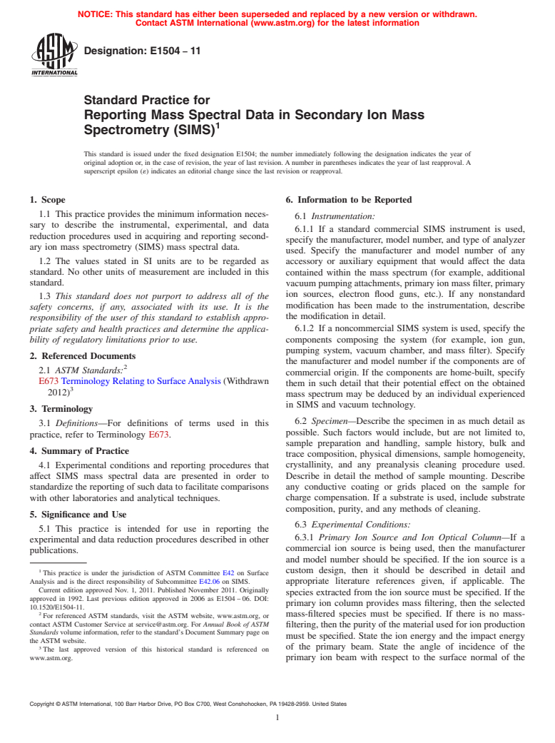 ASTM E1504-11 - Standard Practice for Reporting Mass Spectral Data in Secondary Ion Mass Spectrometry (SIMS)