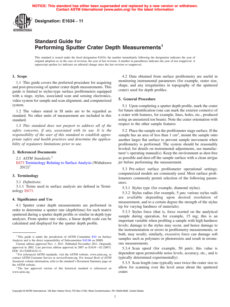 ASTM E1634-11 - Standard Guide for Performing Sputter Crater Depth Measurements