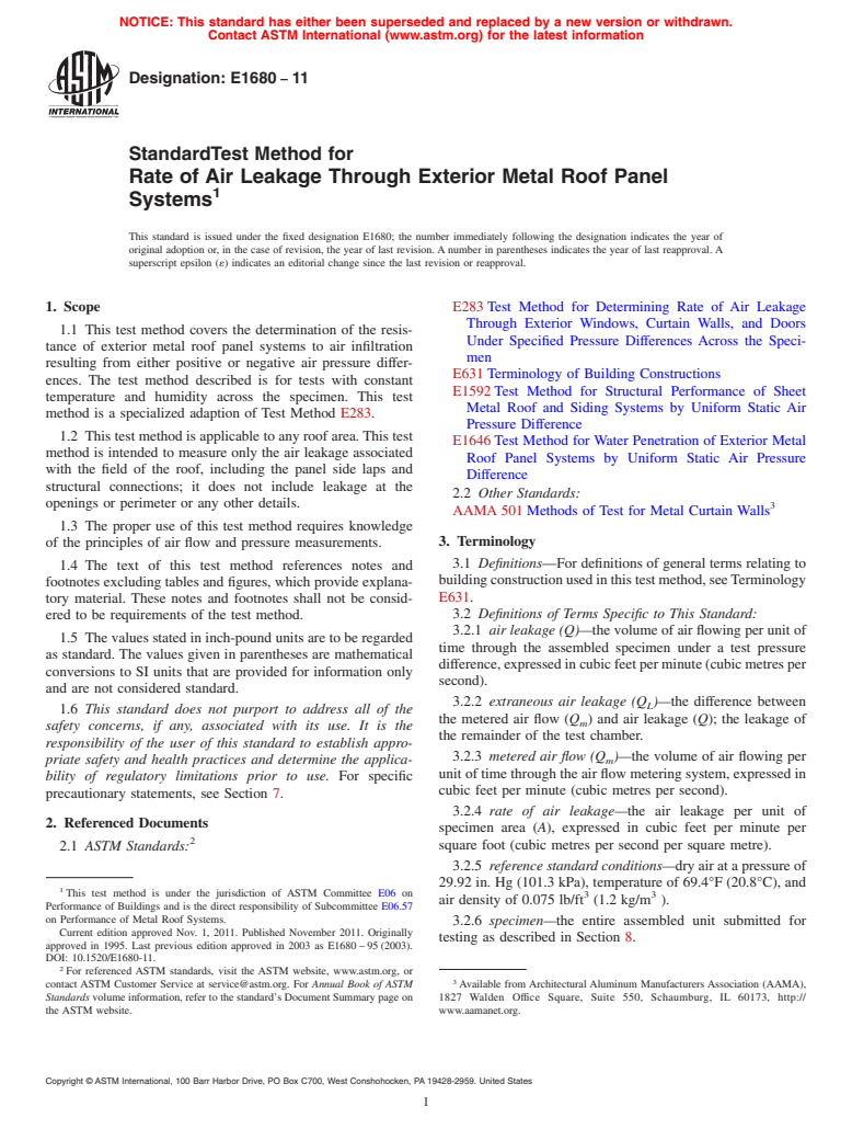 ASTM E1680-11 - Standard Test Method for  Rate of Air Leakage Through Exterior Metal Roof Panel Systems