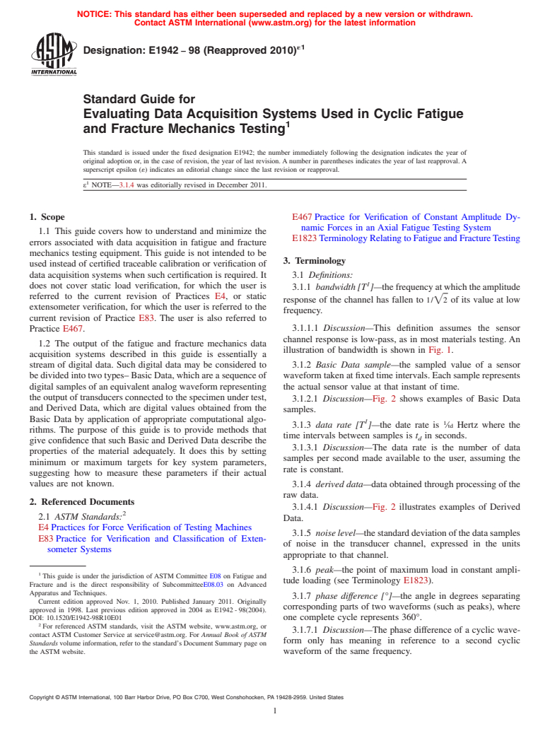 ASTM E1942-98(2010)e1 - Standard Guide for Evaluating Data Acquisition Systems Used in Cyclic Fatigue and Fracture Mechanics Testing