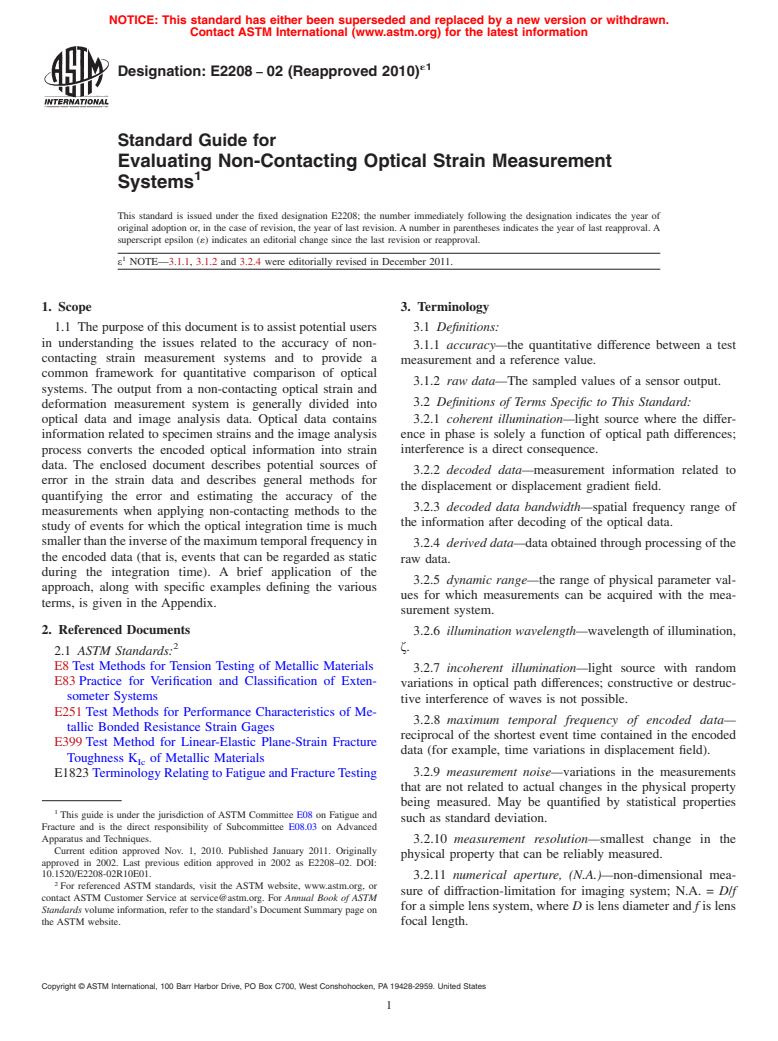 ASTM E2208-02(2010)e1 - Standard Guide for Evaluating Non-Contacting Optical Strain Measurement Systems