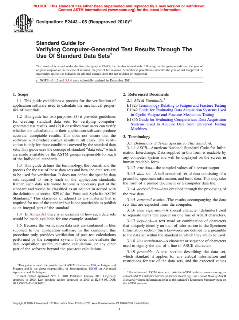 ASTM E2443-05(2010)e1 - Standard Guide for Verifying Computer-Generated  Test Results Through The Use Of Standard  Data Sets