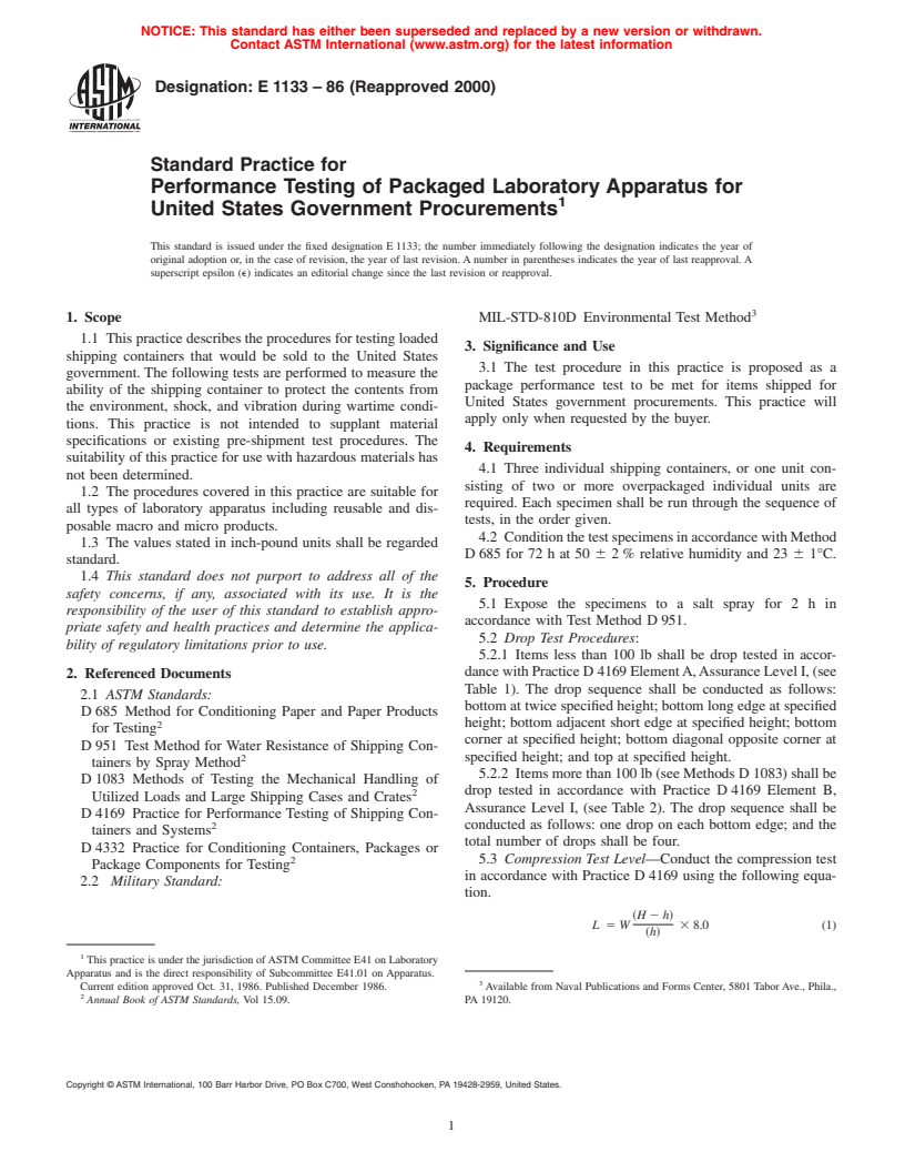 ASTM E1133-86(2000) - Standard Practice for Performance Testing of Packaged Laboratory Apparatus for United States Government Procurements