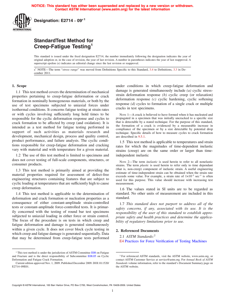 ASTM E2714-09e1 - Standard Test Method for Creep-Fatigue Testing