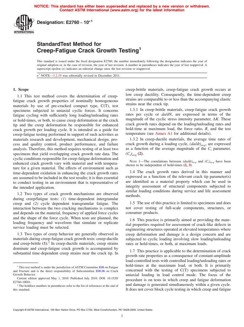 ASTM E2760-10e1 - Standard Test Method for Creep-Fatigue Crack Growth Testing