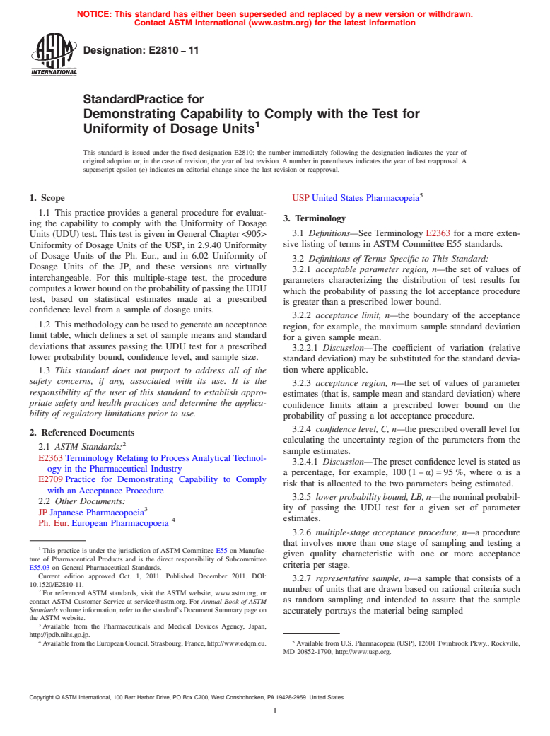 ASTM E2810-11 - Standard Practice for Demonstrating Capability to Comply with the Test for Uniformity of Dosage Units