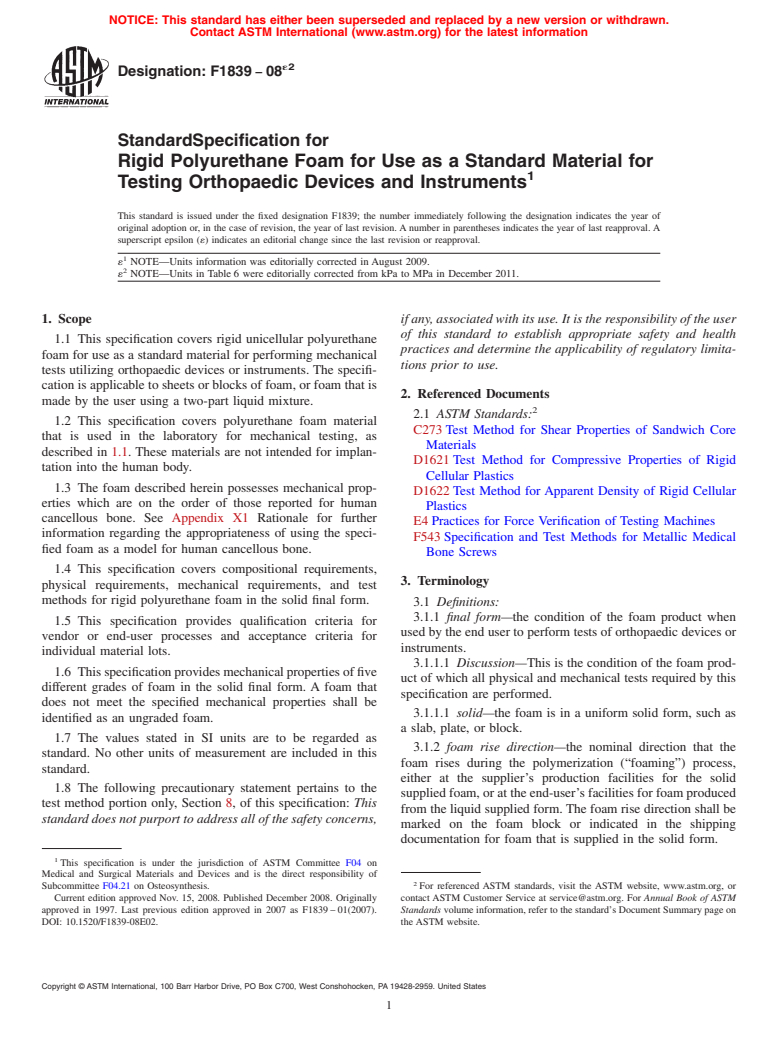 ASTM F1839-08e2 - Standard Specification for Rigid Polyurethane Foam for Use as a Standard Material for Testing Orthopedic Devices and Instruments